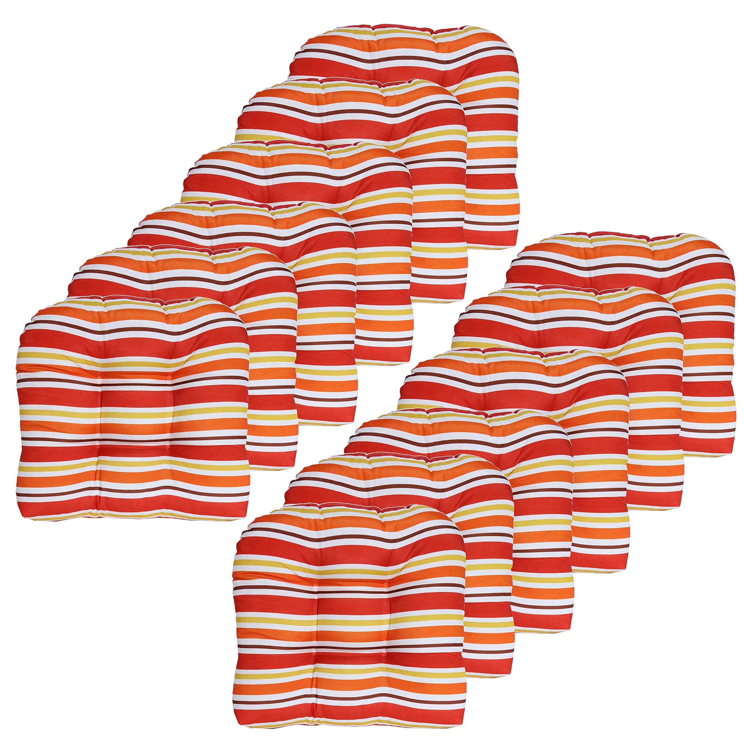 Premium Outdoor Chair Cushions 19x19 Inch - Sweet Home Collection Thick Fiber Fill Tufted Seat Covers, 12-Pack (Islander Stripe Red) - Waterproof Patio Furniture Cushions for Garden, Poolside & Deck Chairs