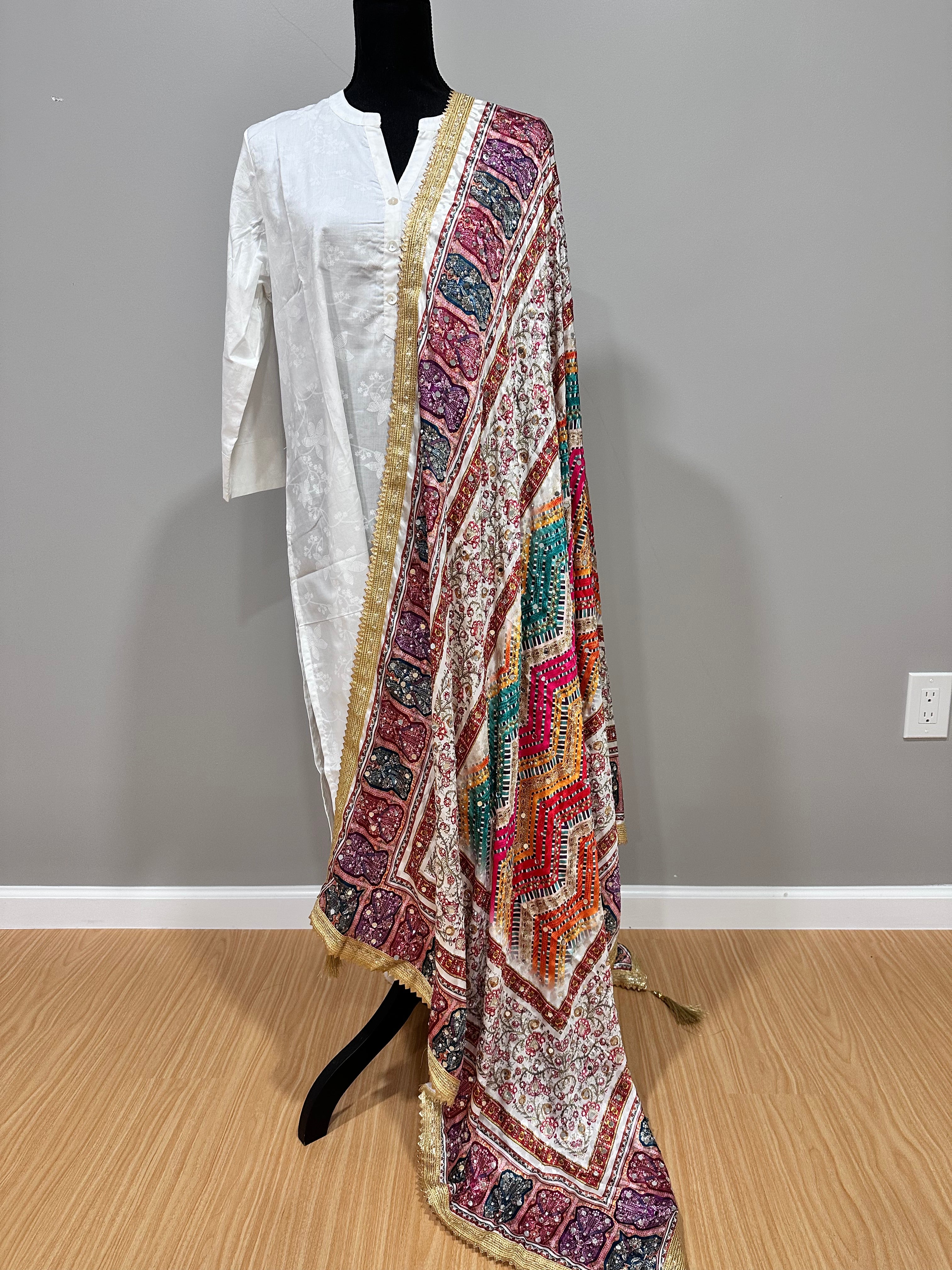 Exquisite Jacquard Multicolor Mirror Dupatta Scarf - Elegant Embroidered Shawl for Women - Perfect for Weddings, Parties & Festive Occasions