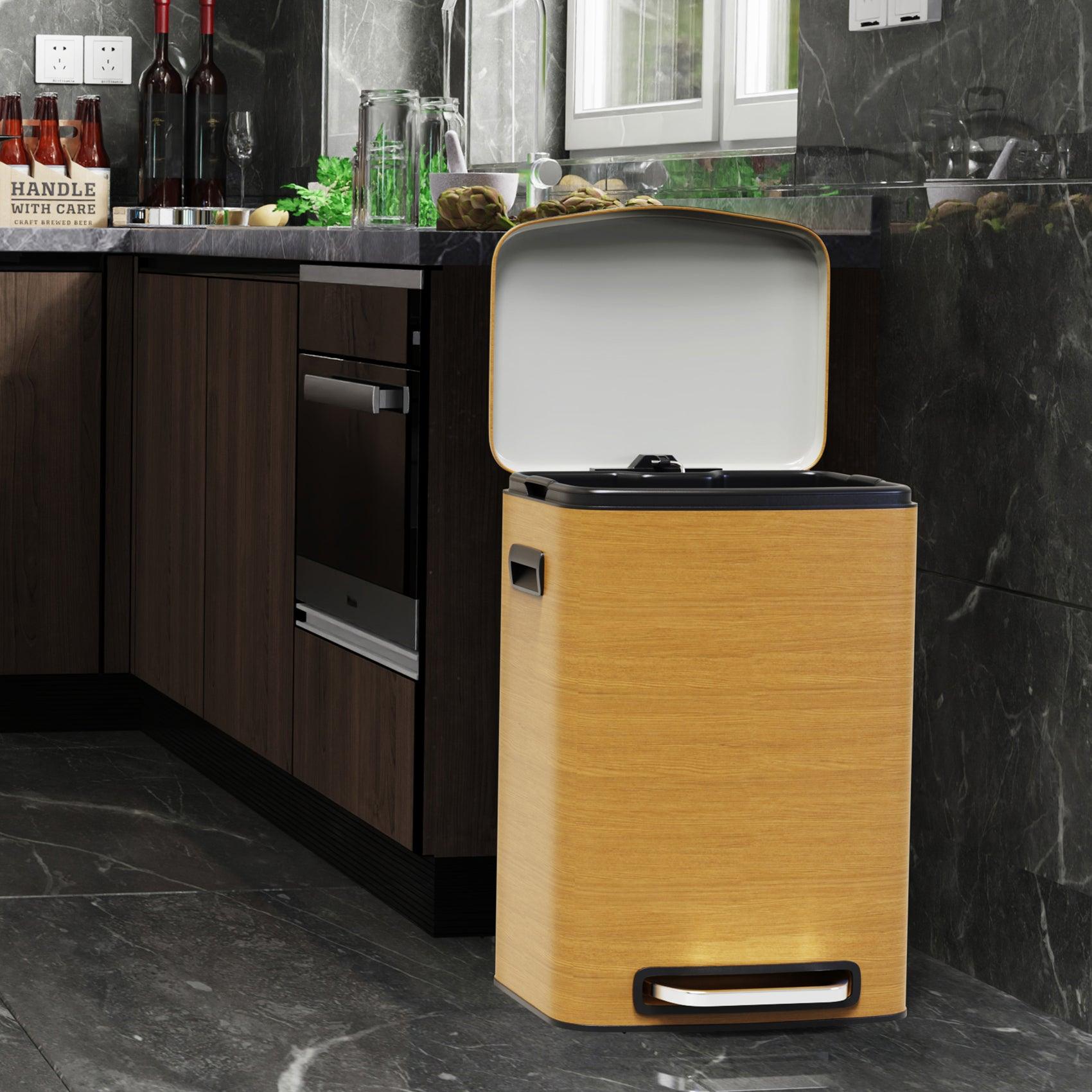 13 Gallon 50L Stainless Steel Rectangular Trash Can with Foot Pedal - Soft Close Lid, Wood Texture Design - Includes 30 Garbage Bags - Perfect for Kitchen, Office, or Bathroom Waste Disposal