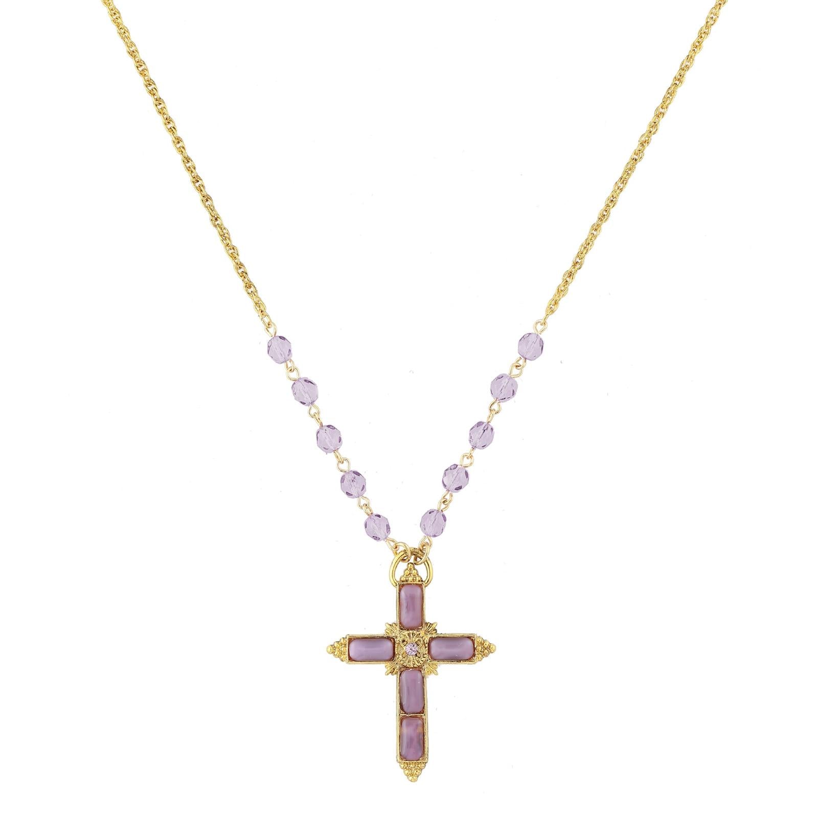1928 Jewelry Amethyst Moonstone Cross Pendant & Tanzanite Glass Bead Necklace - 28
