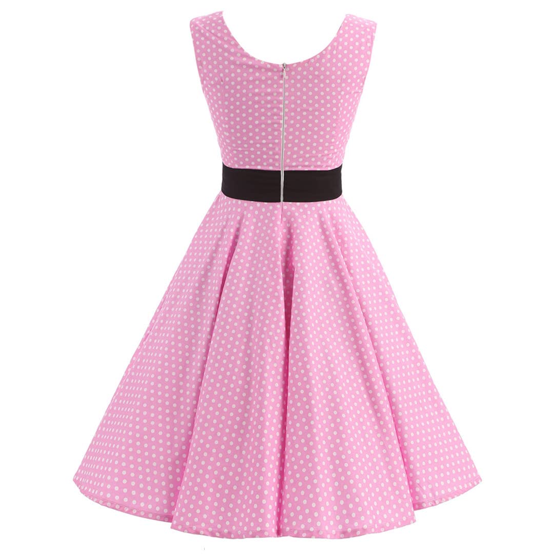 Women's Elegant Cotton Pink Polka Dot Dress - Sexy Party Swing Vintage Summer Dress for Casual Outings, Beach Vacations & Date Nights