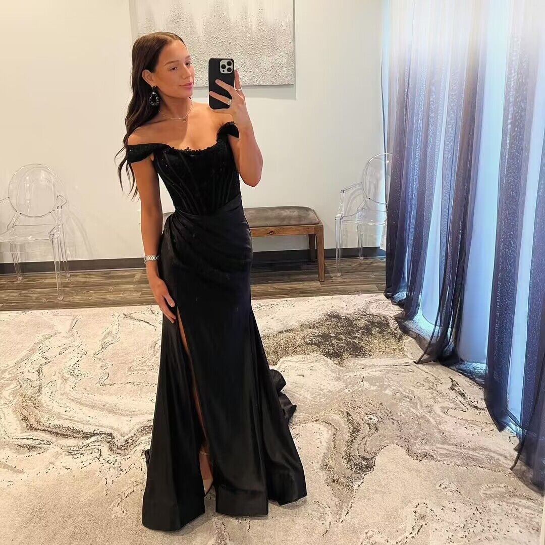 Elegant Black Off-the-Shoulder Mermaid Prom Dress with Applique Details and High Slit - Perfect for Formal Dances, Evening Galas & Special Occasions (Style J2822)