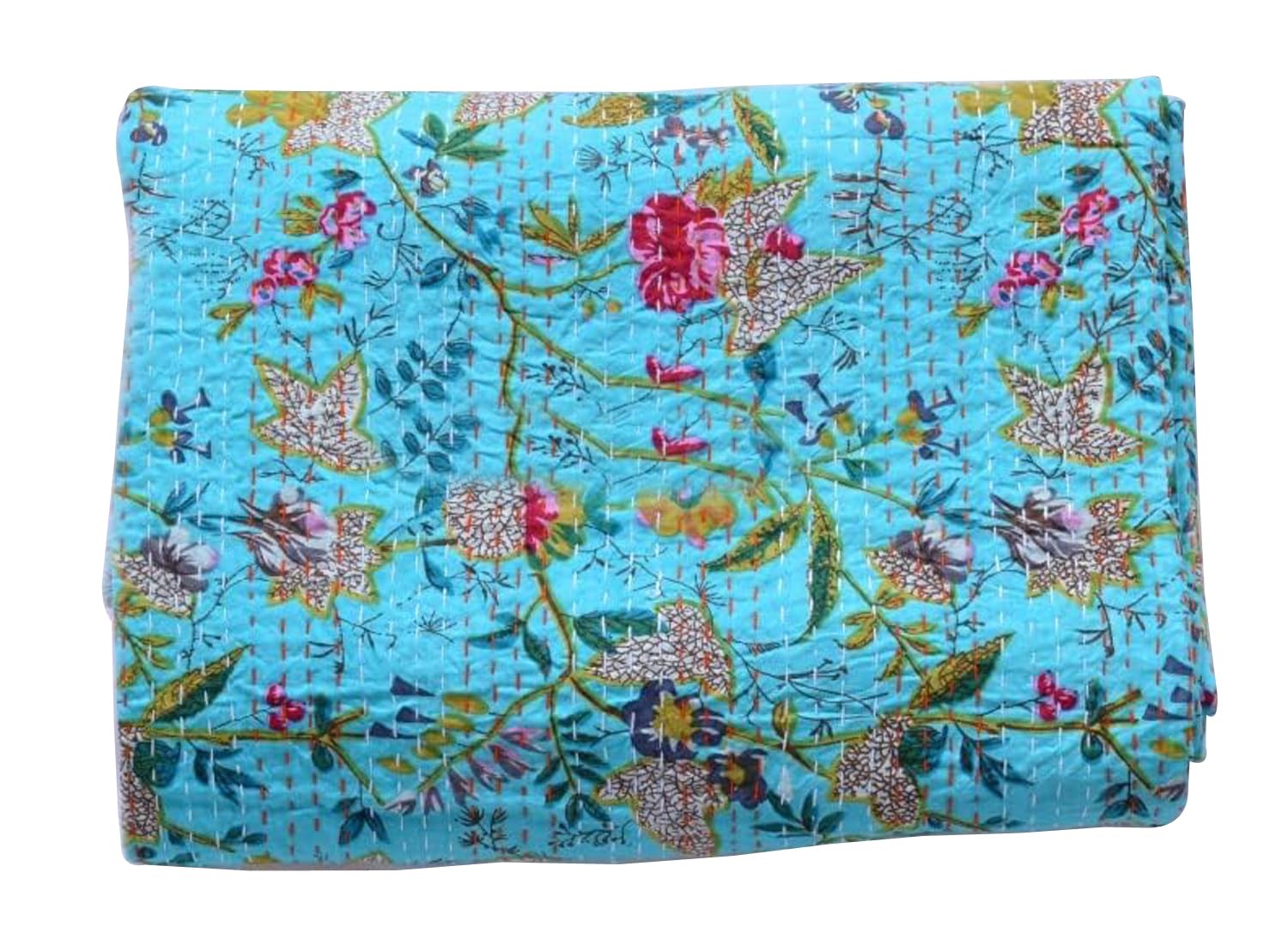 Handmade Indian Kantha Quilt Cotton Bedspread - Vintage Gudari Blanket with Paradise Print, Queen Size, Turquoise - Perfect for Boho Bedroom Decor, Cozy Throw, and Unique Gift Idea