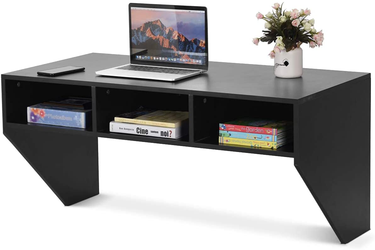 Giantex Wall Mounted Floating Computer Desk with 3 Storage Shelves - Compact Writing Study Table for Laptop, PC - Perfect for Small Spaces in Living Room, Bedroom & Home Office (Black) - Ideal for Remote Work, Online Classes & Space-Saving Home Organization