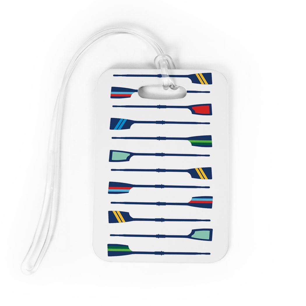 ChalkTalkSPORTS - Medium White Crew Luggage & Bag Tag with Oar Pattern & Custom Info on Back - Perfect for Travel, Sports Teams, and Personalized Identification