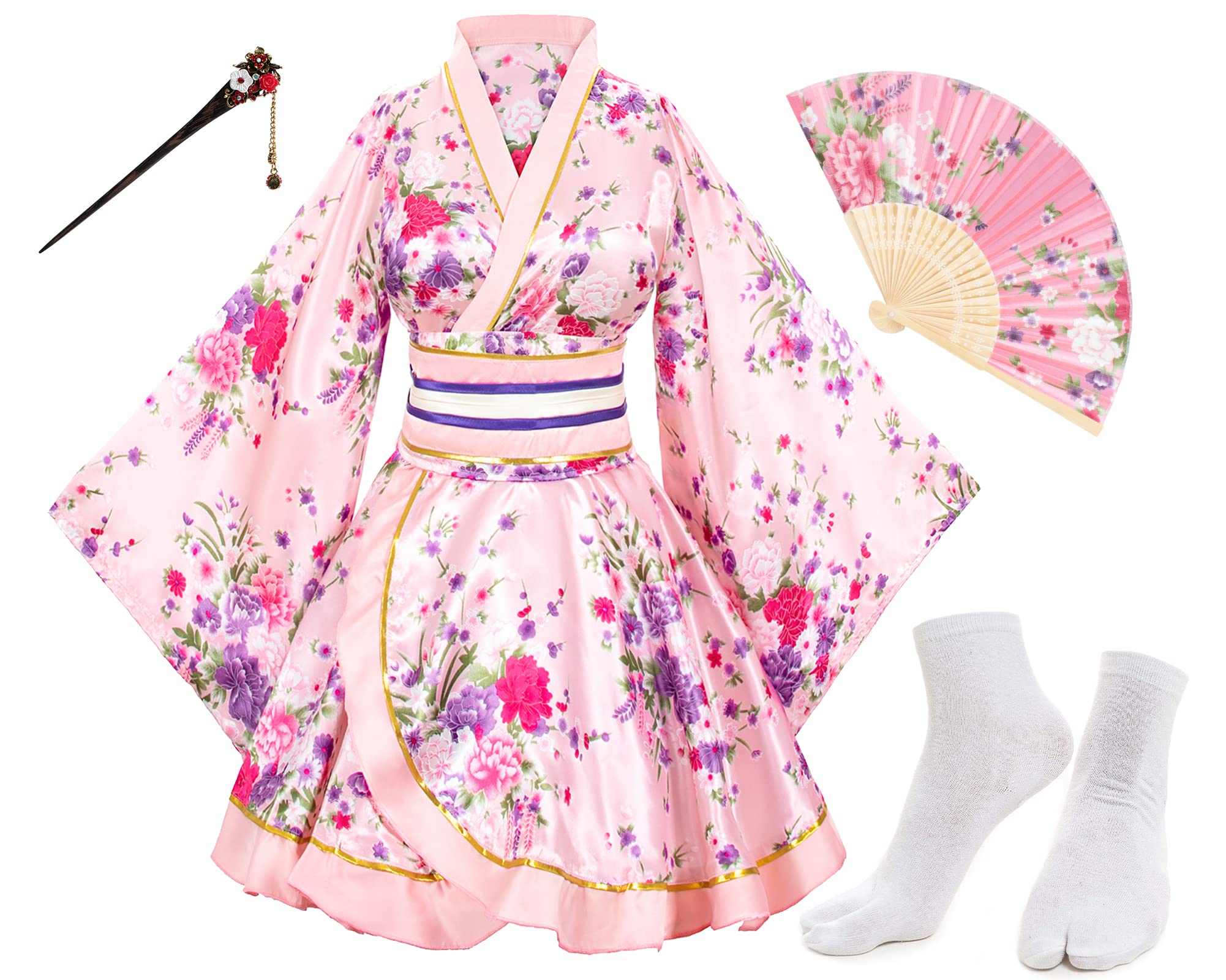 Japanese Anime Women's Dance Kimono Robe Costume Set with Silk Folding Fan, Tabi Socks & Hair Sticks - Traditional Cosplay Outfit for Halloween, Stage Performances & Themed Parties