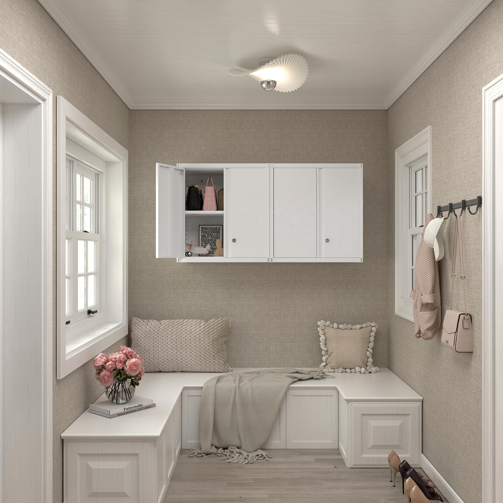 White Metal Wall Cabinet - 2 Door Steel Storage Hanging Cabinet for Office, Home, Kitchen & Bathroom - Durable Wall Mounted Organizer for Shelves, Towels & Supplies