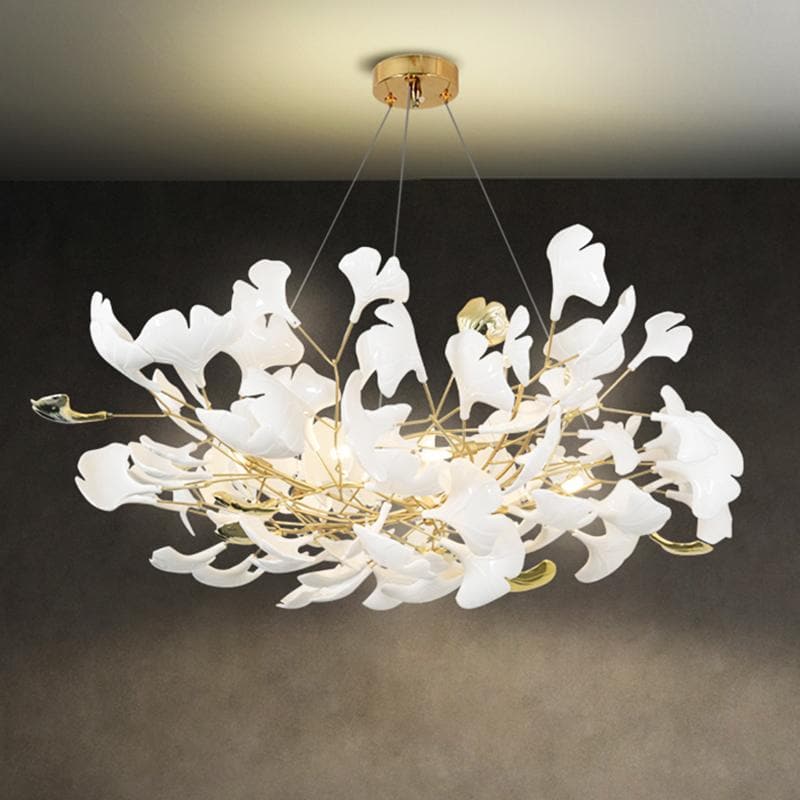 Elegant Ceramic Ginkgo Leaf Petal Branch Chandelier - Round Ceiling Light for Dining Room, Bedroom & Living Room Decor