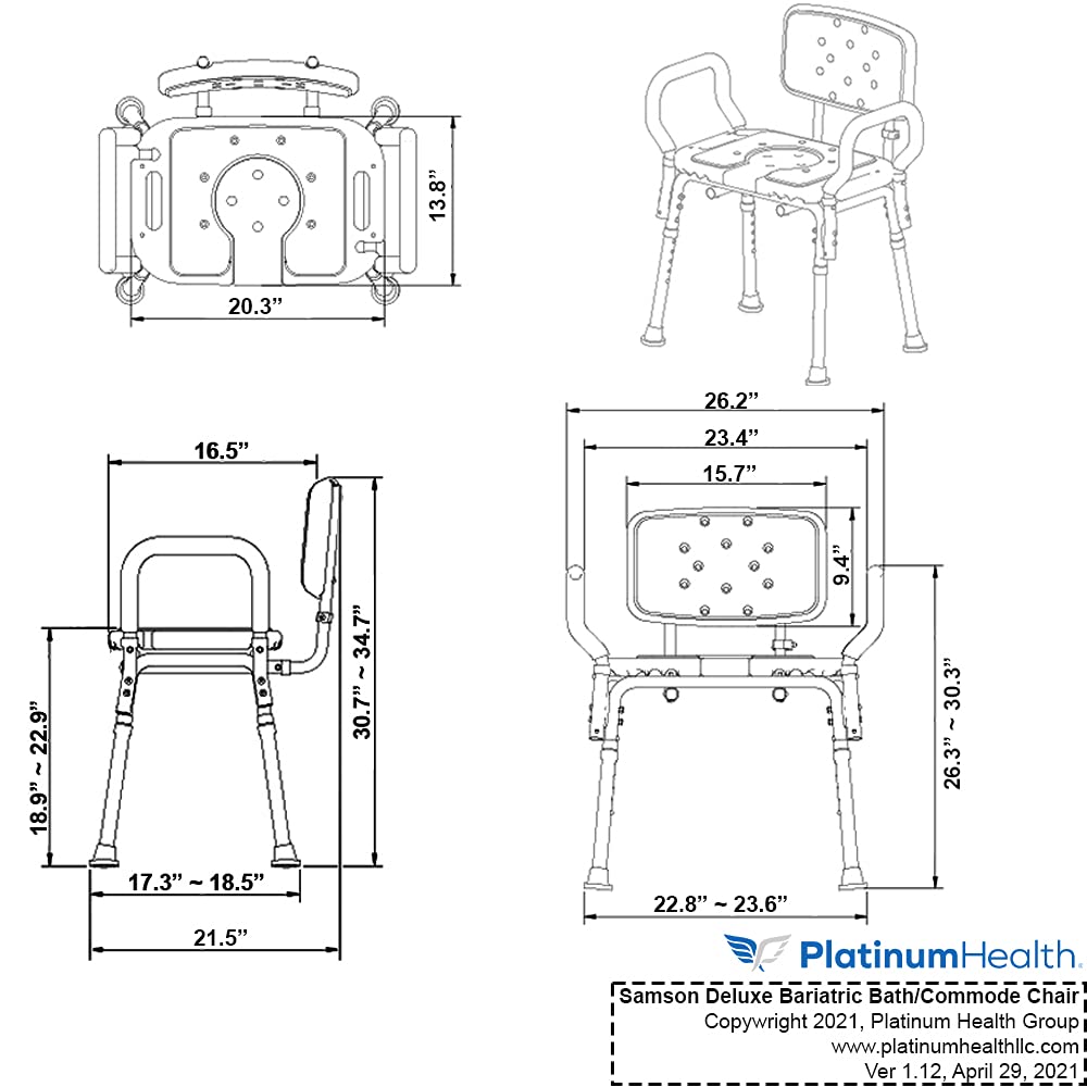 Platinum Health Samson Deluxe Bariatric 3-in-1 Shower/Bath/Commode Chair - 600lb Weight Capacity, Adjustable Height, Padded Seat with Cutout & Insert - Heavy Duty Mobility Aid for Elderly & Disabled (Home Care, Hospital, Rehab Use)