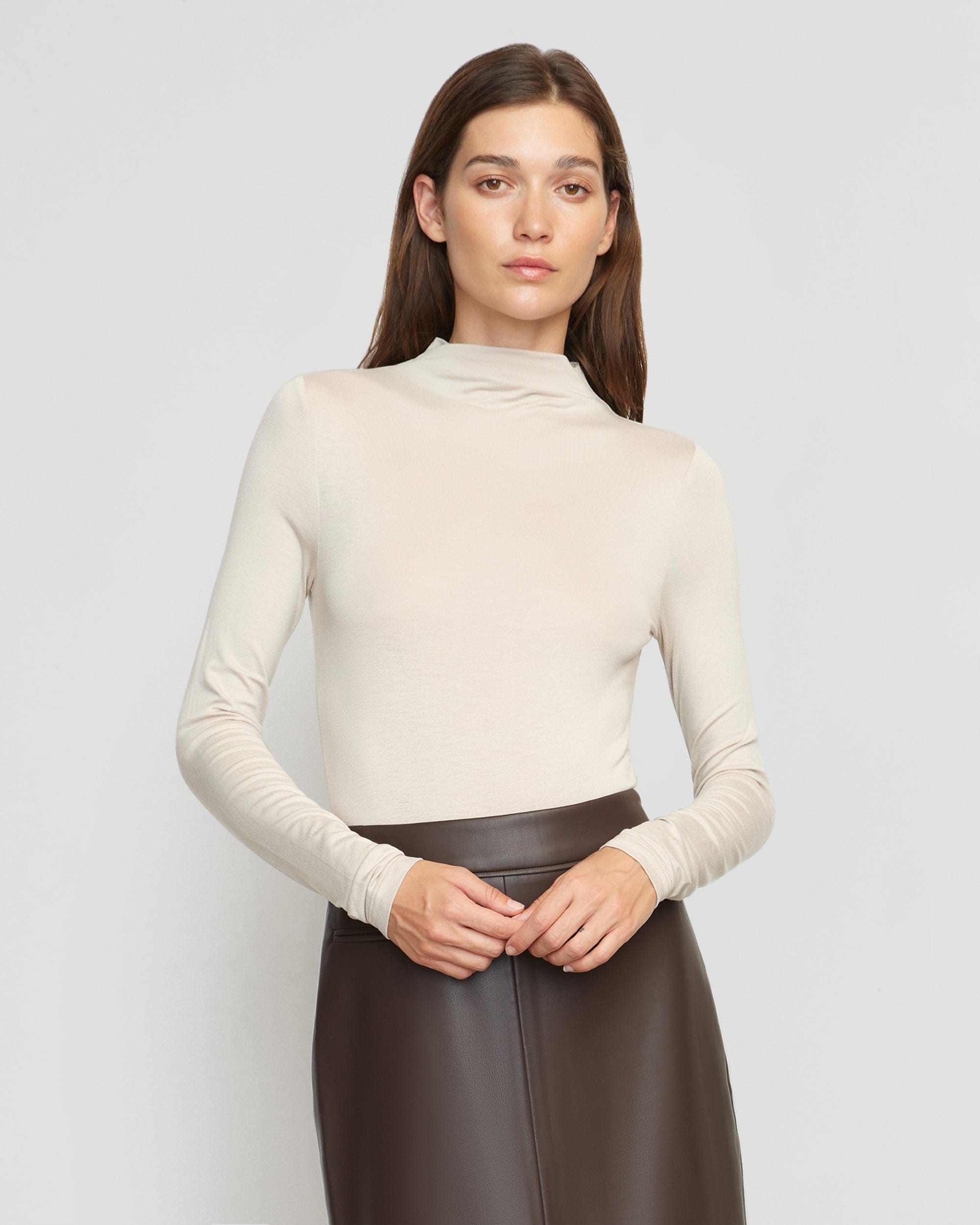 Ava Mock Neck Long Sleeve T-Shirt for Women - Soft Stretch Casual Top - Perfect for Work, Date Night & Everyday Wear
