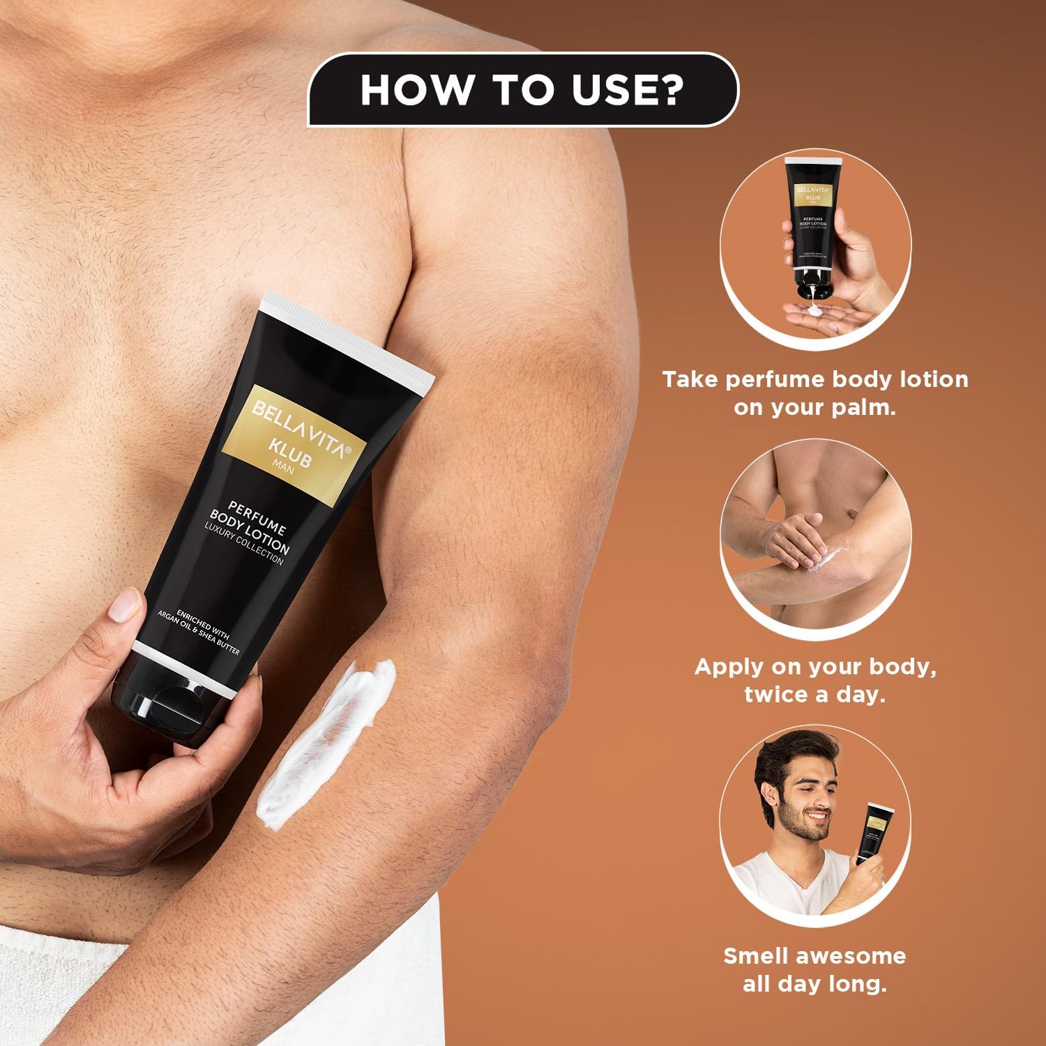 Bella Vitaa Luxury KLUB Men's Body Perfume Lotion with Argan Oil & Shea Butter - 200ml Hydrating, Nourishing & Softening Lotion for Healthy Skin | Perfect for Daily Moisturizing, Post-Shave Care & Gym Bag Essentials
