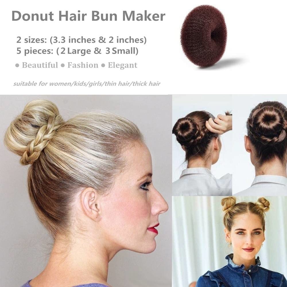5 PCS Dark Brown Donut Hair Bun Maker Set - 2 Large & 3 Small Ring Style Hair Donuts for Perfect Updos - Great for Parties, Weddings, Work & Everyday Hairstyles