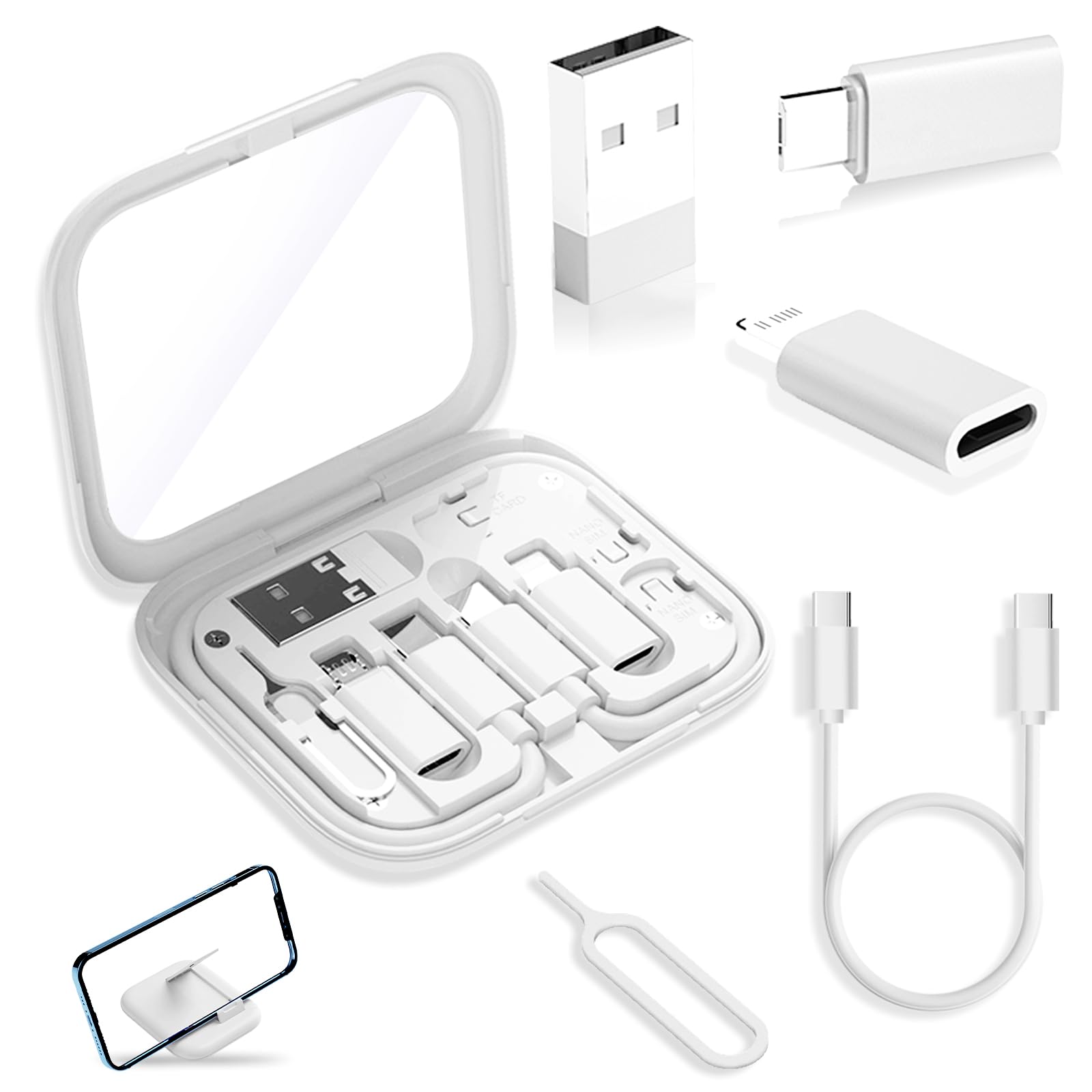USB-C to USB Adapter Kit - 4-in-1 USB C Male Connector with Makeup Mirror, OTG Cable, Micro USB & USB A to C Converter - Compatible with iPhone 15/16 Pro, Google Pixel, Samsung Galaxy - Perfect for Travel, Office & Home Charging
