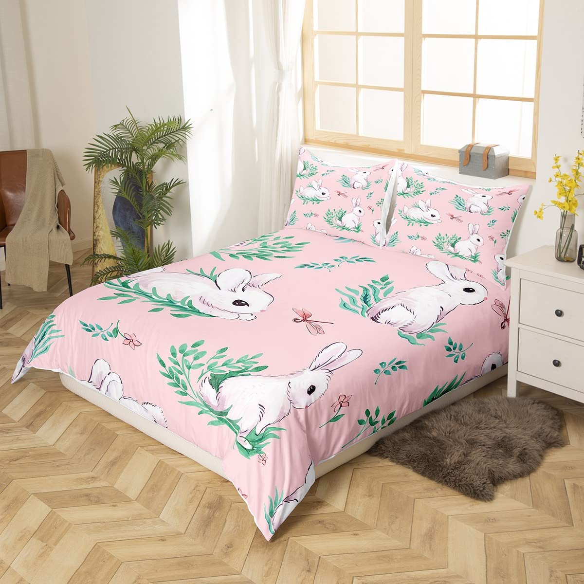Cute Rabbit Comforter Cover Set - Cartoon Bunny & Dragonfly Duvet Cover for Kids, Boys & Girls - Pink Branches Rabbit Decor Bedding Set - Twin Size 2Pcs - Perfect for Nursery, Kids Room & Gift Giving