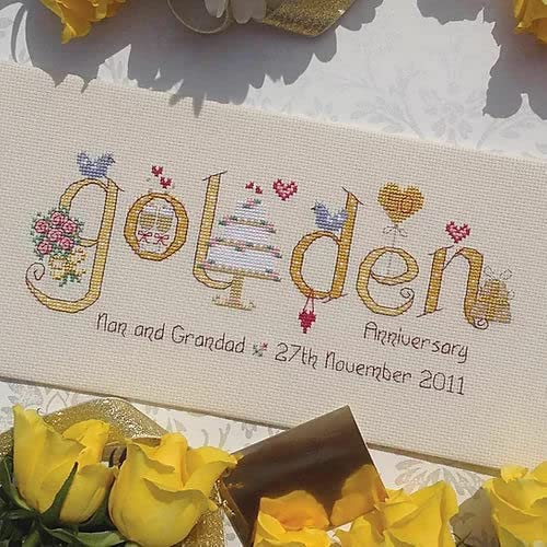 Golden Wedding Anniversary Cross Stitch Kit - NIA Word Sampler Embroidery Set for 50th Anniversary Gifts, DIY Home Decor & Keepsake