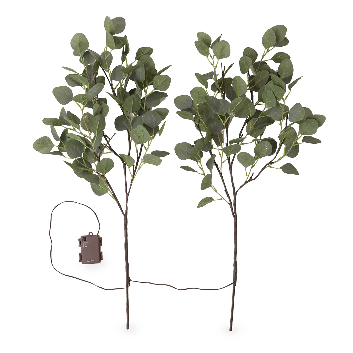 Evergreen Eucalyptus Branch with 32 LED Lights - Set of 2 for Home Decor, Wedding Centerpieces, and Holiday Mantel Displays