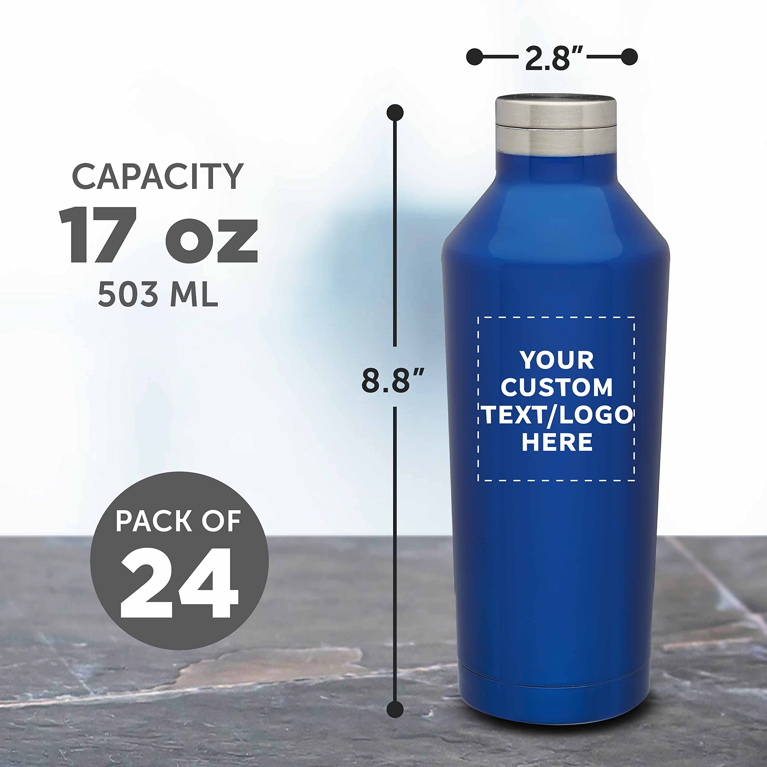 Custom Stainless Steel Water Bottles 17 oz (24-Pack) - Double Wall Insulated, Personalized Bulk Promotional Bottles for Hot & Cold Drinks - Coffee, Soda, Juice - Perfect for Office Gifts, Corporate Events & Branding Promotions - Blue