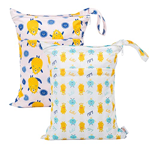 ALVABABY 2-Pack Reusable Waterproof Wet Dry Bags with Dual Zippered Pockets - Perfect for Cloth Diapers, Swimsuits, Gym Clothes & Baby Essentials - Ideal for Travel, Beach, Pool, Daycare & Yoga - Model LX-YX7576