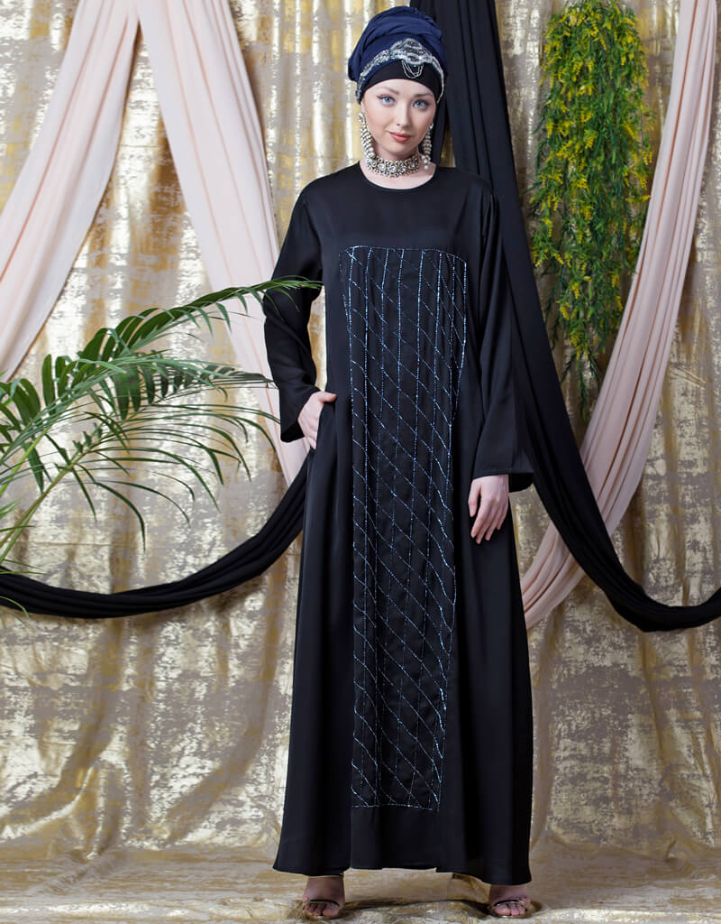 Elegant Black Arabic Diamond Motif Hand Embroidered Flare Nida Abaya - Perfect for Eid, Ramadan, Wedding & Special Occasions