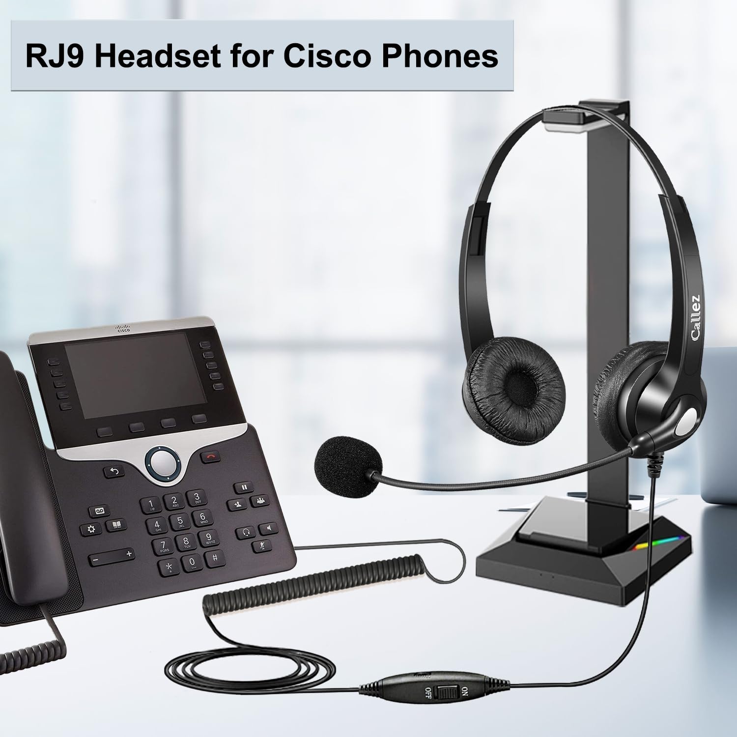 Noise Cancelling Cisco Headset with Mute Switch - Dual RJ9 Corded Telephone Headset for Cisco IP Phones 6941 6851 6945 7821 7841 7861 7942 7945 7962 7965 8811 8861 - Perfect for Call Centers, Office Communication & Remote Work