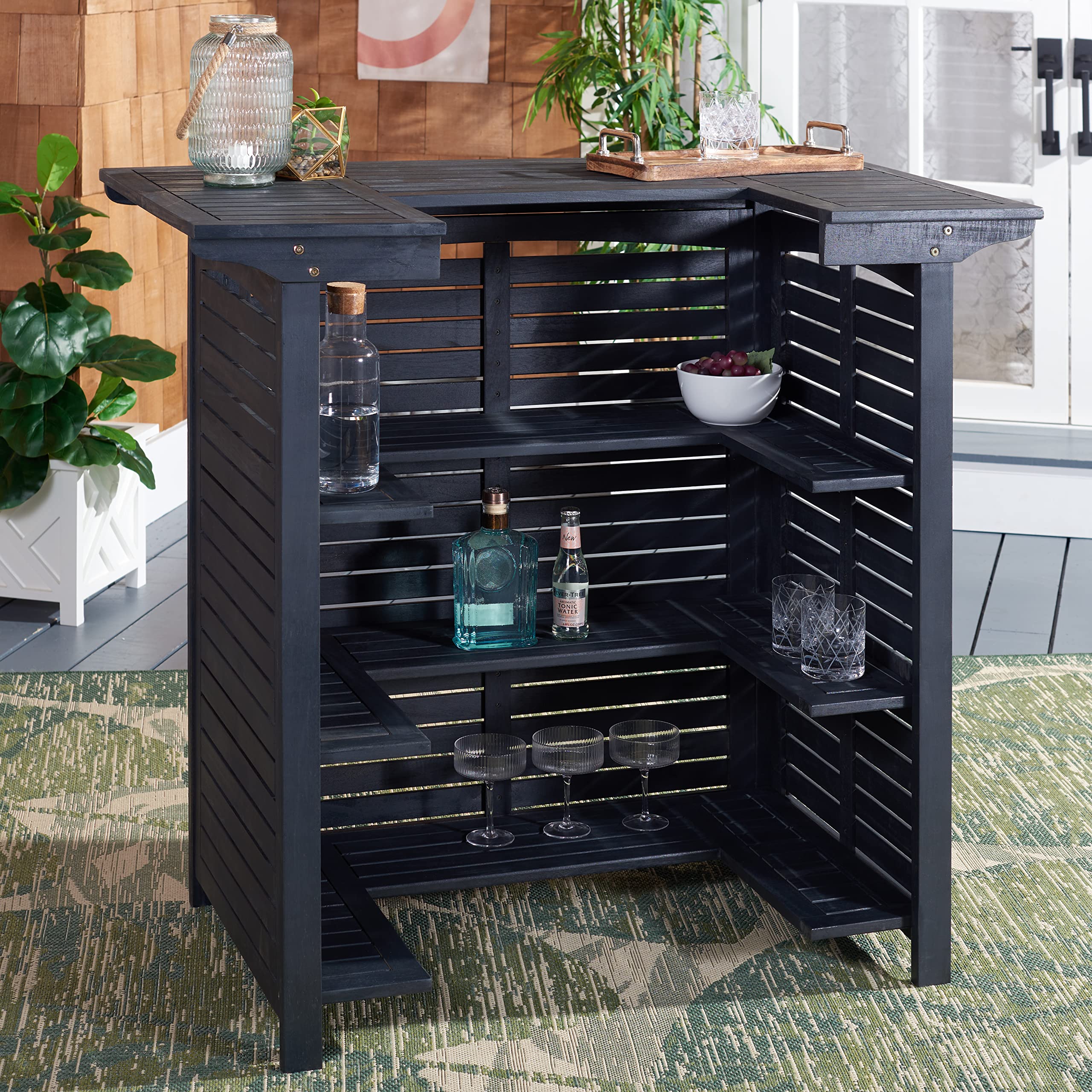 SAFAVIEH Monterey 42-inch Black Acacia Wood Outdoor Bar Table - Weather-Resistant Patio Dining & Poolside Entertaining Furniture