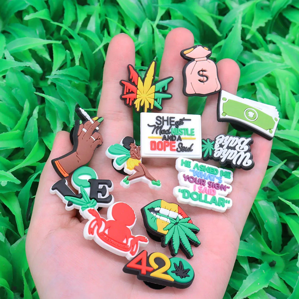 24Pcs PVC Shoe Charms for Clogs & Slippers - Tanker, Weed Life, Hand, Woman, Love Lips, Money & Coffee Designs - Fun Shoe Accessories for Women & Girls - Perfect for DIY Decor, Parties & Gifts