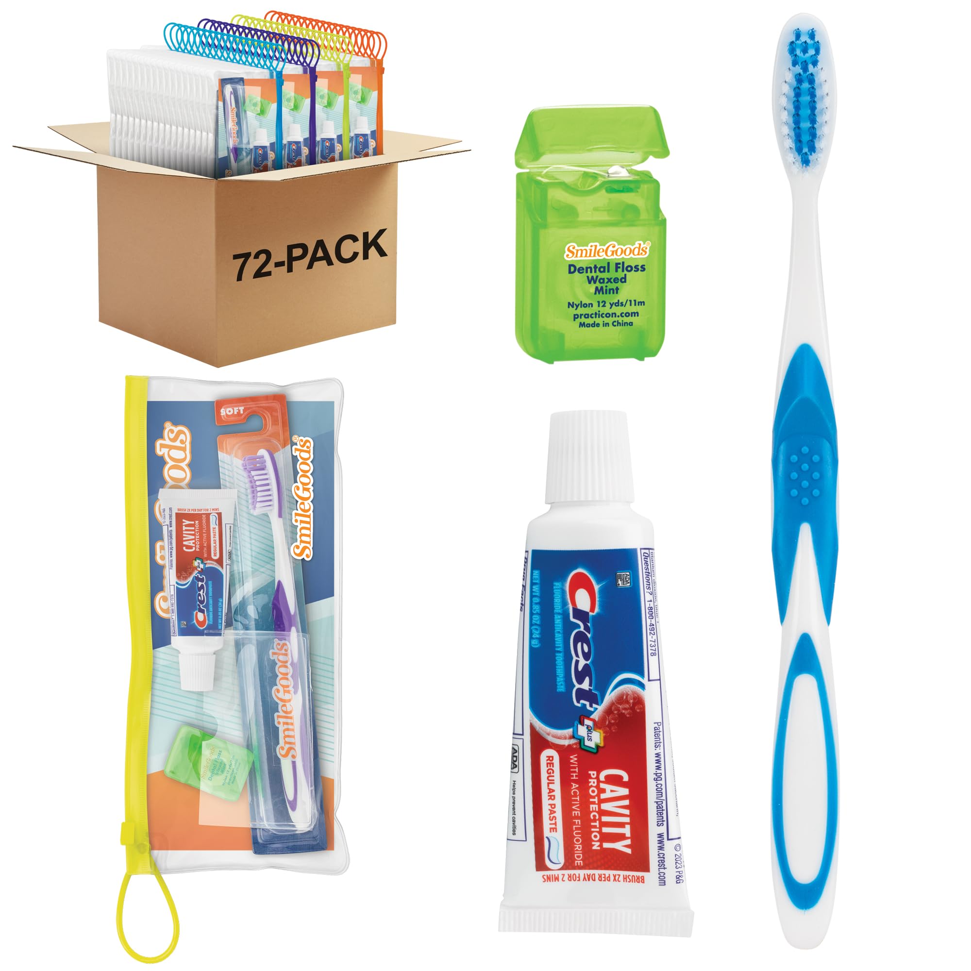 Practicon SmileGoods Adult Dental Care Kit - 72 Pack with Toothbrush, Toothpaste & Floss | Complete Oral Hygiene Set for Travel, Home & Office Use