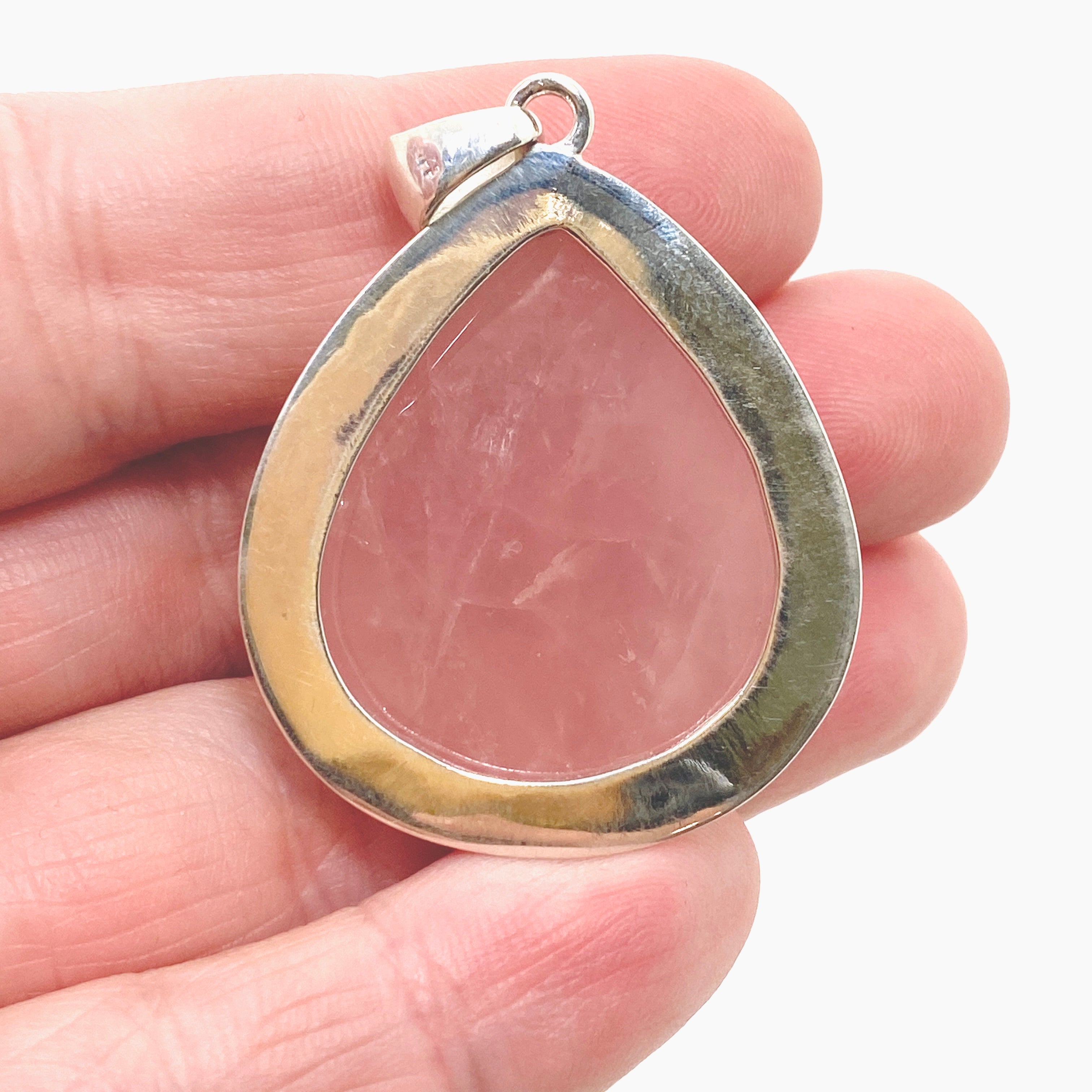 Rose Quartz Teardrop Cabochon Pendant in Hammered Silver Setting KPGJ4688 - Perfect for Meditation, Healing Jewelry & Spiritual Gifts