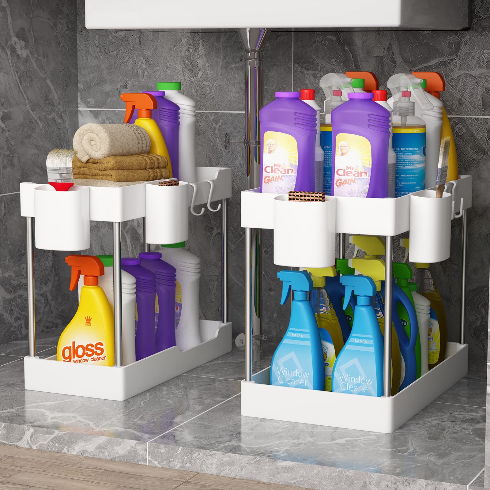 2 Pack Under Sink Organizer - Stackable 2 Tier Bathroom & Kitchen Storage Shelf with Hanging Cup & Hooks, White Space-Saving Cabinet Organizer for Bathroom, Kitchen, Office - Perfect for Small Spaces & Clutter-Free Countertops