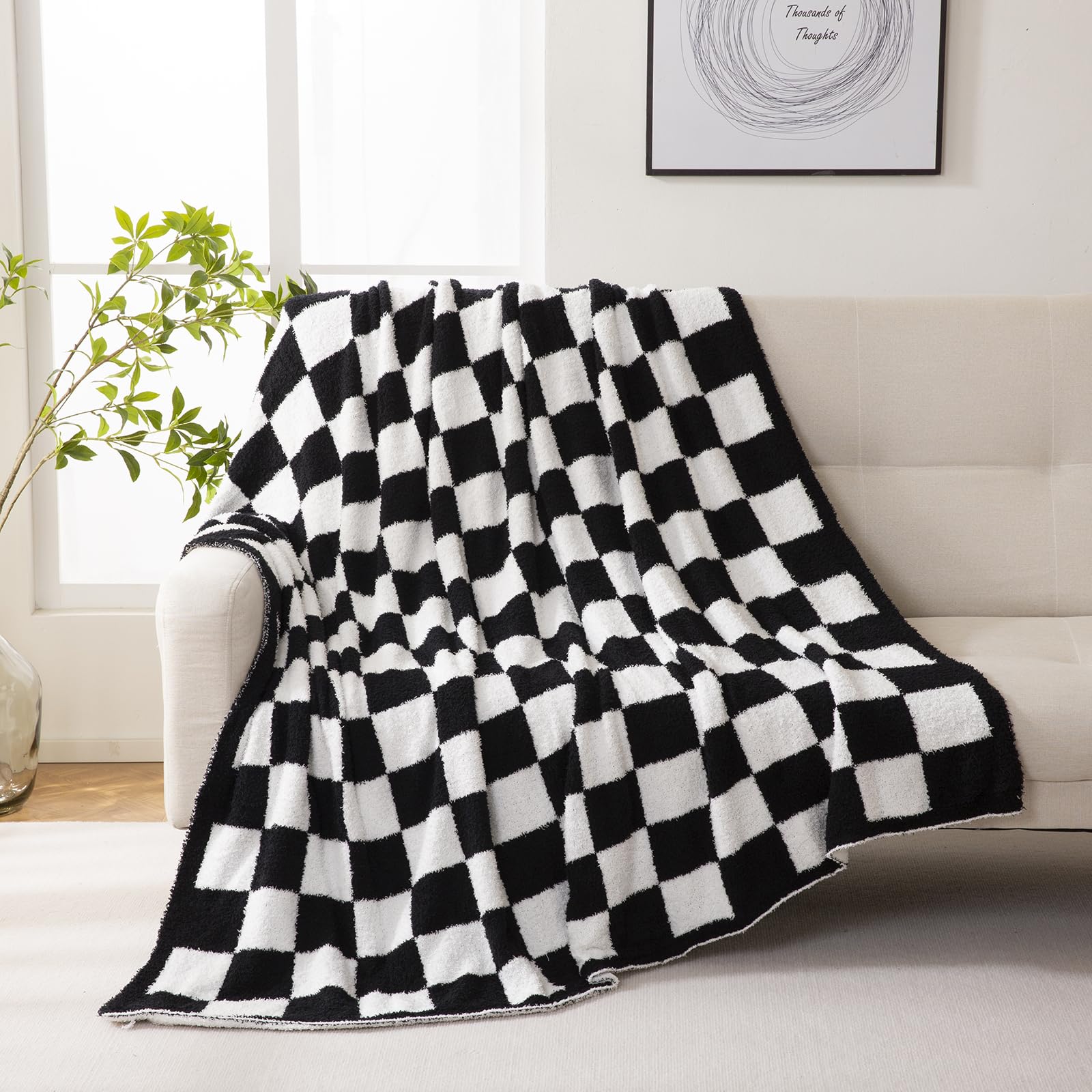 YIRUIO Reversible Checkered Chessboard Fluffy Throw Blanket - Super Soft Fuzzy Warmer for Bed, Couch & Sofa - Cozy Home Decor (Black, 51