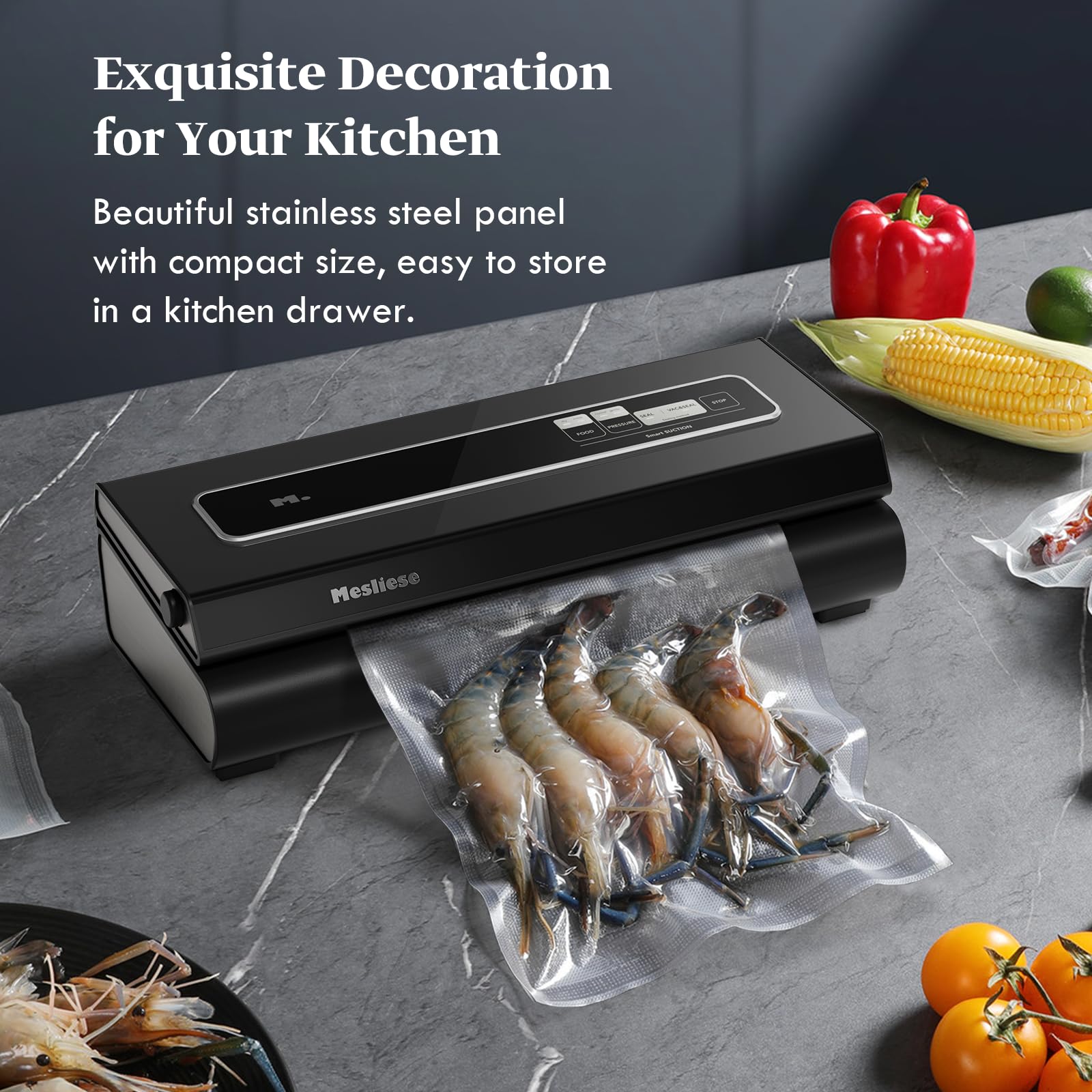 Premium 90Kpa 6-in-1 Compact Vacuum Sealer Machine for Food Preservation | Includes Cutter, 2 Bag Rolls & 5 Pre-cut Bags | Dry & Moist Modes | ETL Certified (Gray) | Perfect for Meal Prep, Sous Vide, Freezing & Long-Term Food Storage