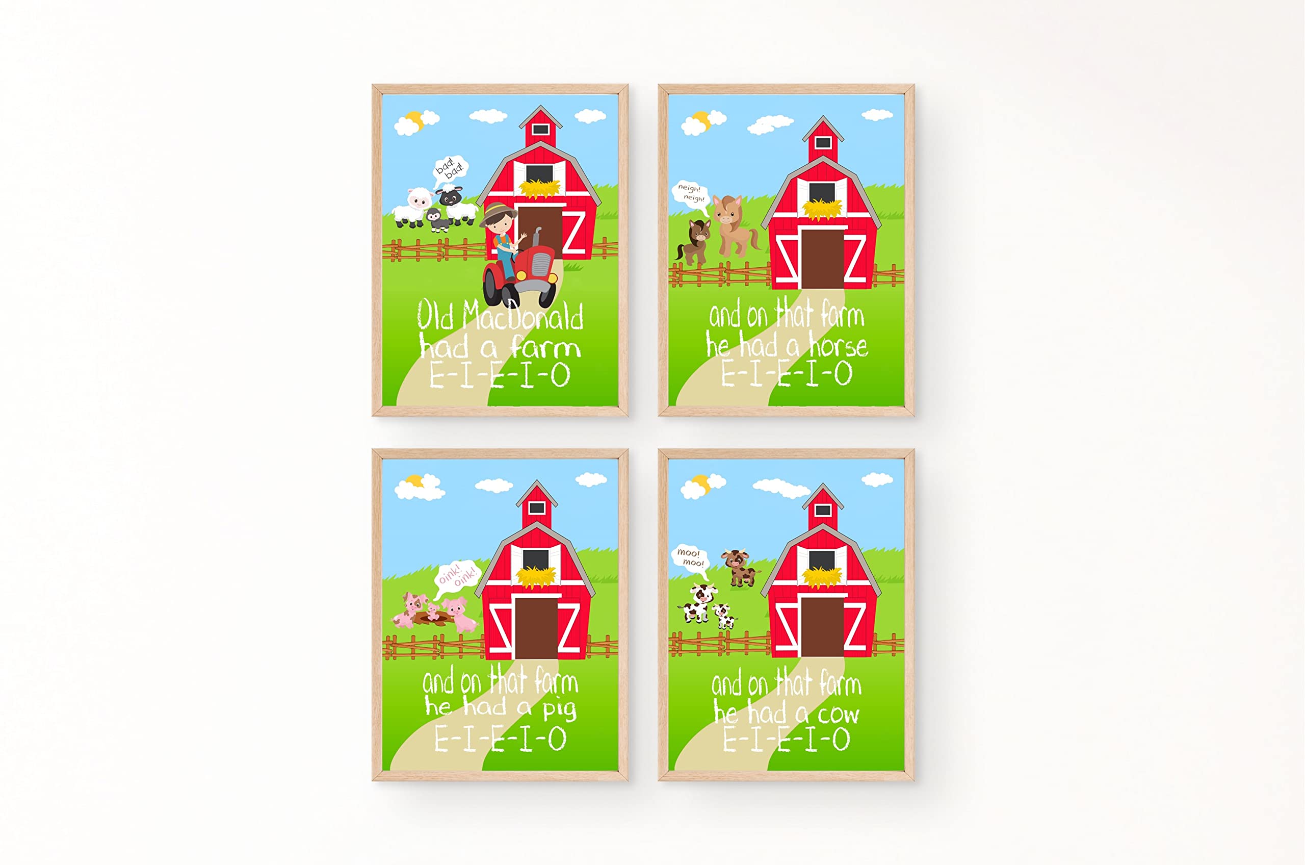 Old MacDonald Had a Farm Nursery Decor - Set of 4 Farm Animal Wall Art Prints for Kids Room, Baby Shower Gift & Farmyard Theme Nursery Decoration - Perfect for Toddler Bedroom, Playroom & Classroom Decor
