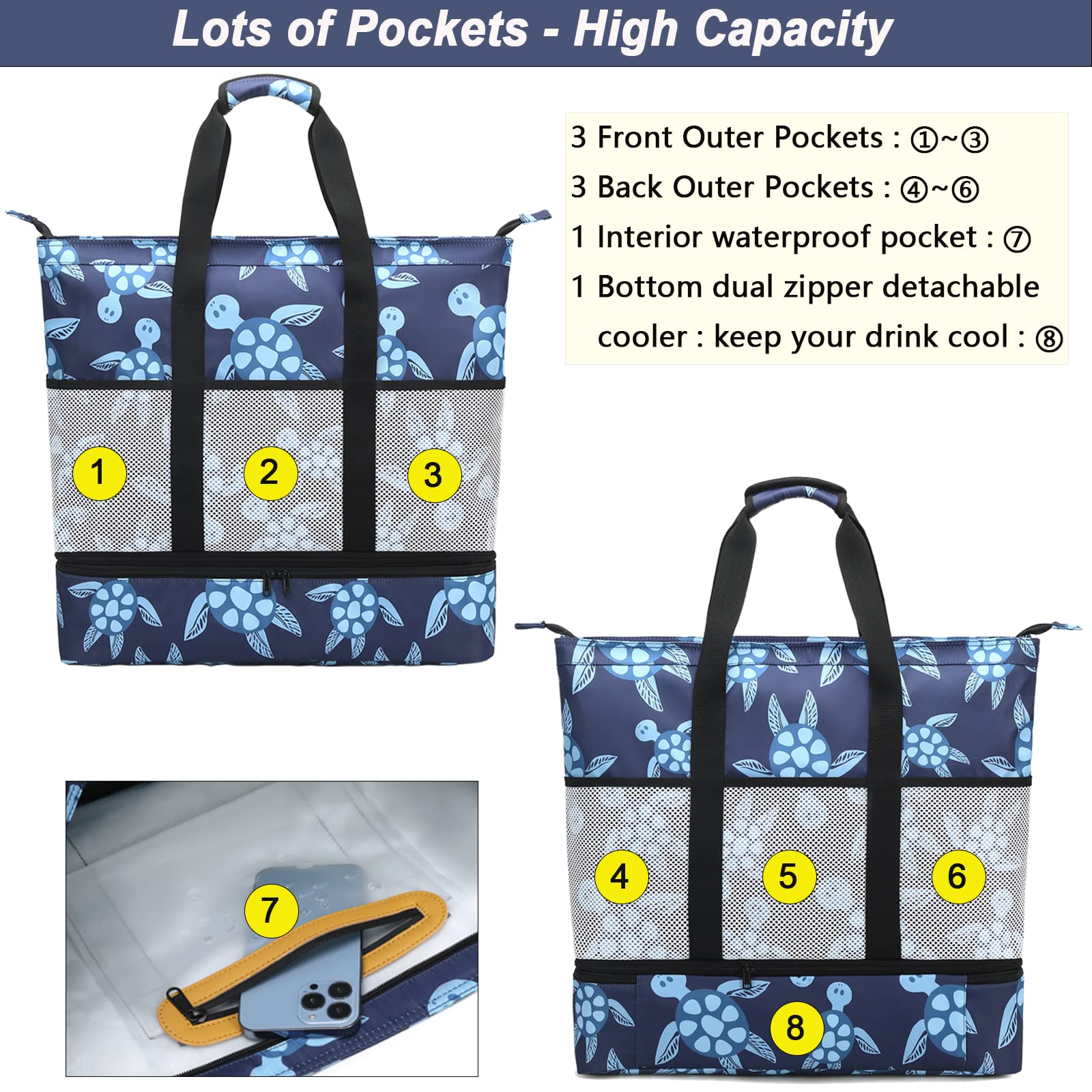 Octsky Large Waterproof Beach Tote Bag with Cooler & 9 Pockets - Sandproof Zippered Pool Bag for Women | Perfect for Beach Trips, Pool Parties & Summer Vacations