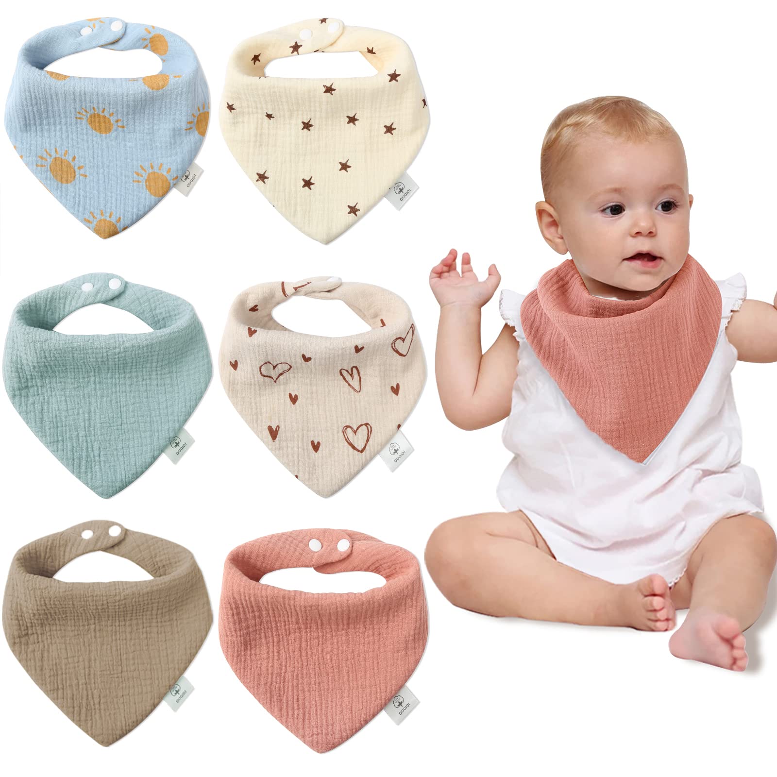 Ouqidillc 6-Layer 100% Cotton Baby Bandana Bibs - Soft, Absorbent Drool Bibs for Newborn to 36 Months | Adjustable Snap Closures for Boys & Girls | Perfect for Teething, Drooling & Mealtime Messes