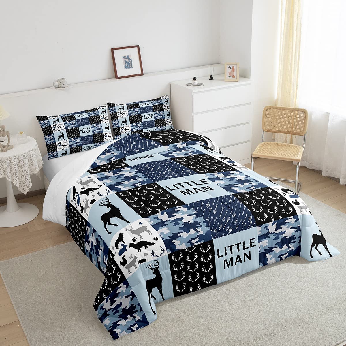 Manfei Camo Deer Antlers Comforter Set Twin - Geometric Checkered Patchwork Bedding 2pc Set for Kids, Teens & Adults - Boho Arrow Animal Print Quilt with Blue Christmas Duvet Insert + Pillowcase | Perfect for Bedroom Decor, Holiday Gift & Cozy Winter Nights