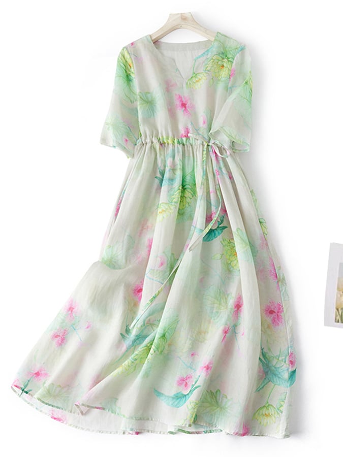 Lovevop Women's Cotton Linen Printed Retro Art Waistband Dress - Vintage Floral Summer Dress for Casual Outings & Beach Vacations