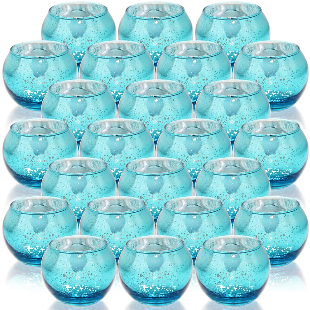 SHMILMH 24-Pack Round Blue Votive Candle Holders - Mercury Glass Tealight Holders for Wedding Centerpieces, Party Decor, Home Decoration - Speckled Design for Romantic Ambiance & Table Settings
