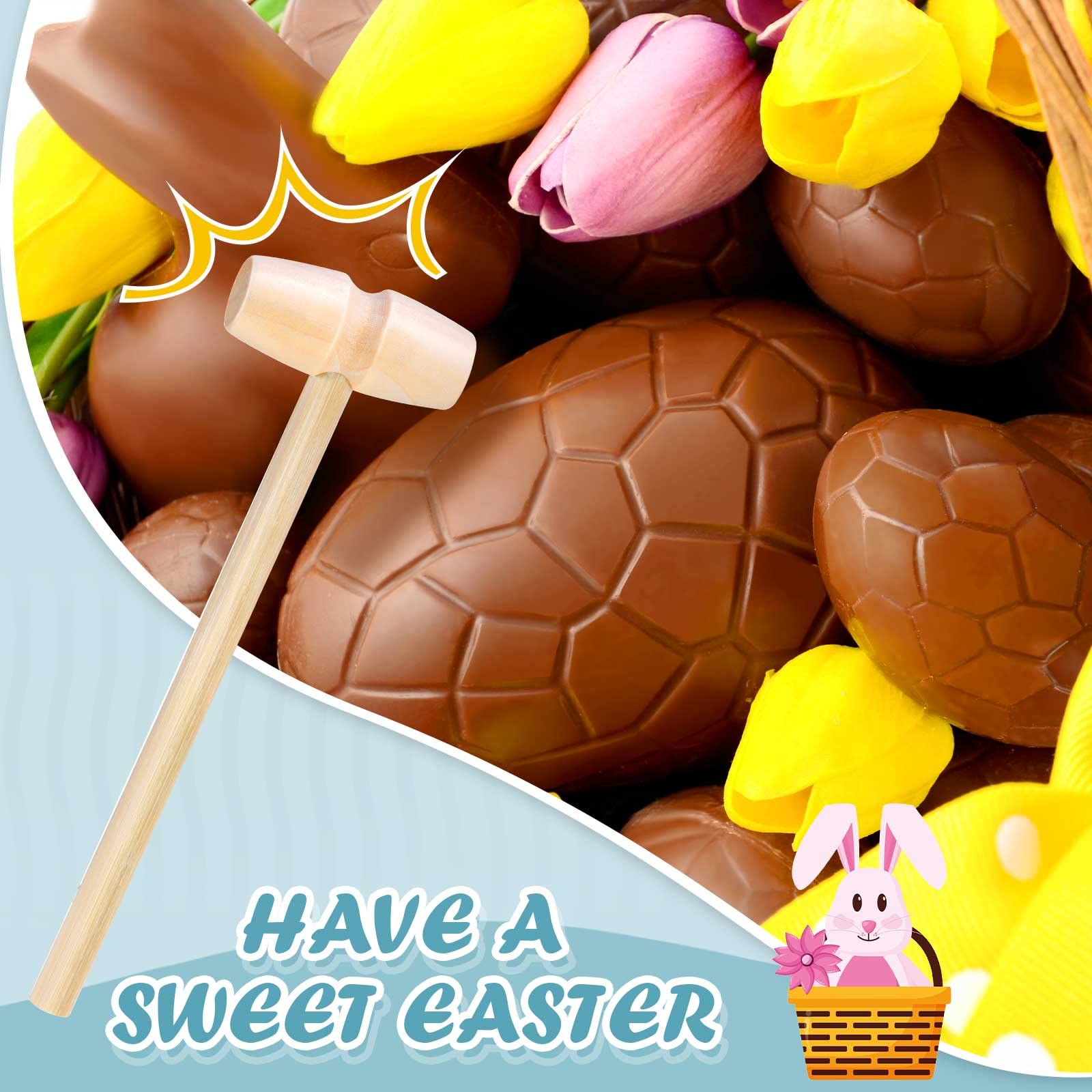 4 Pairs Large 3D Easter Egg Bunny Dinosaur Molds - Chocolate Cake Candy Cookie Fondant Decorating Tools with Wooden Hammer for Easter, Birthday Parties & DIY Dessert Making
