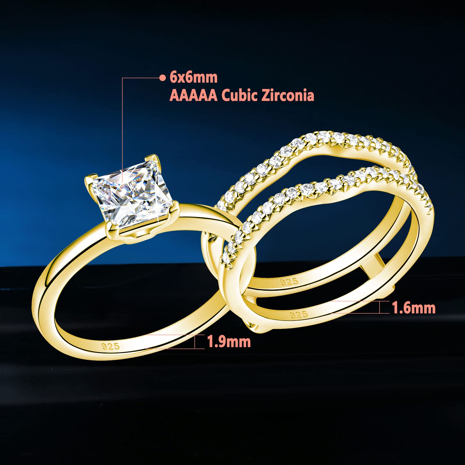 Princess Cut CZ Solitaire Engagement Ring Set with Wedding Band & Ring Enhancer - Sterling Silver Size 5-12 | Perfect for Proposals, Anniversaries & Bridal Jewelry