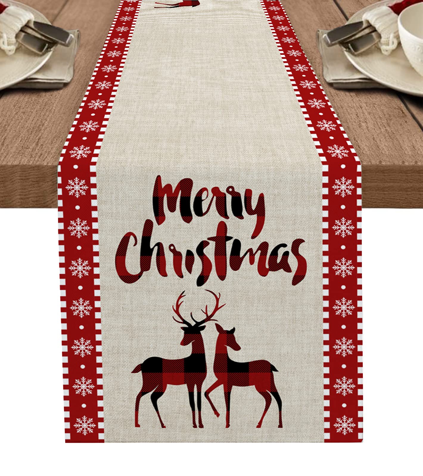 Christmas Table Runners - Xmas Elk Snowflake Burlap Table Runner 13x120 Inches, Farmhouse Coffee Table Decor for Holiday Parties, Weddings & Home Decor - Perfect for Dining Tables, Dressers and Seasonal Festive Decorations