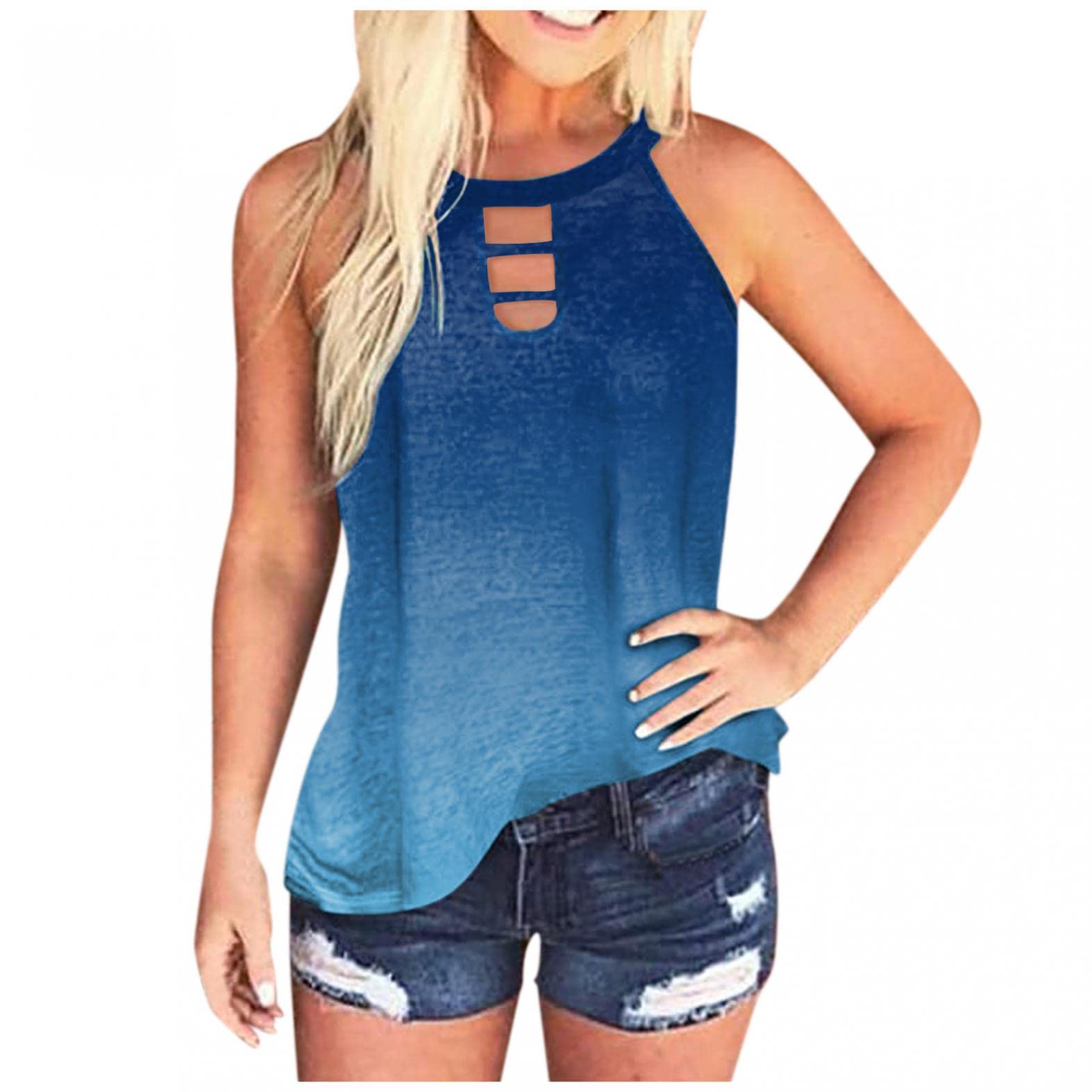 FABIURT Women's Summer Tank Tops - Fashion Gradient Casual Sleeveless Blouse, Loose Fit Breathable T-Shirt for Beach, Vacation & Outdoor Activities