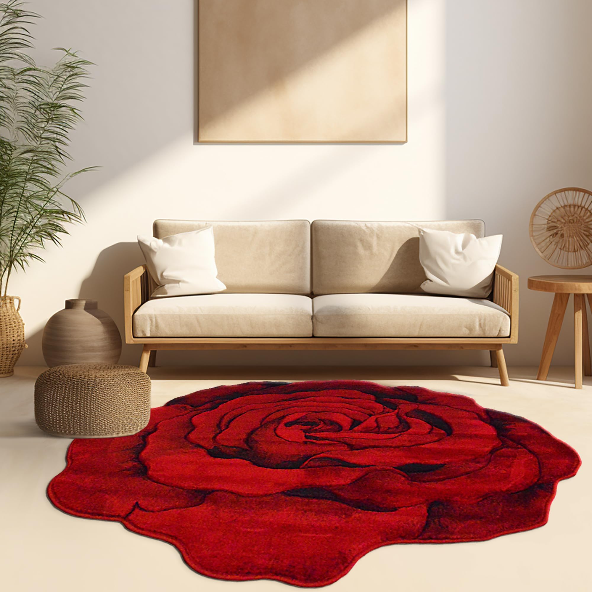5ft Round Rose Flower Shaped Plush Area Rug - Soft Girly Circle Carpet for Bedroom, Living Room Floor Decor | 304 Red | Perfect for Boho Chic Home, Nursery & Dorm Room