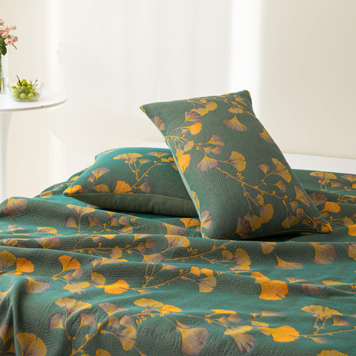 Premium 100% Cotton Muslin Pillow Shams Set of 2 - Jacquard Floral Ginkgo Leaves Design, Soft 3-Layer Gauzy Reversible Pillow Covers 20