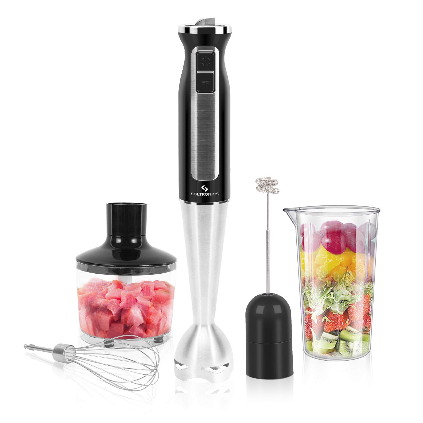 5-in-1 Hand Blender Set - 500W 8-Speed Immersion Blender with 860ml Food Grinder, 600ml Mixing Cup, Milk Frother & Egg Whisk - Perfect for Baby Food, Smoothies, Soups & Kitchen Prep - Black