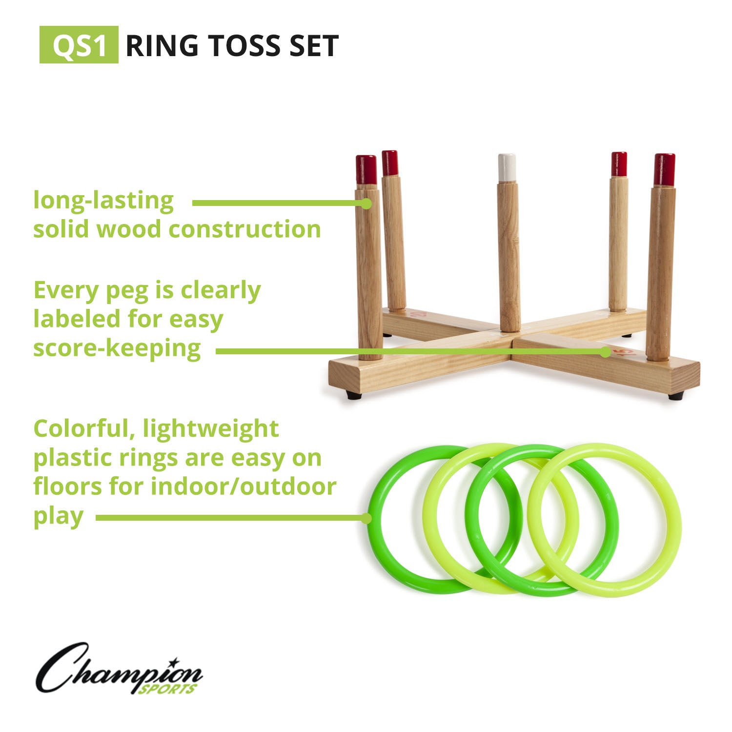 Champion Sports Classic Wooden Ring Toss Game Set - Outdoor Lawn & Backyard Party Games for Kids & Adults - Perfect for Picnics, BBQs, and Family Gatherings