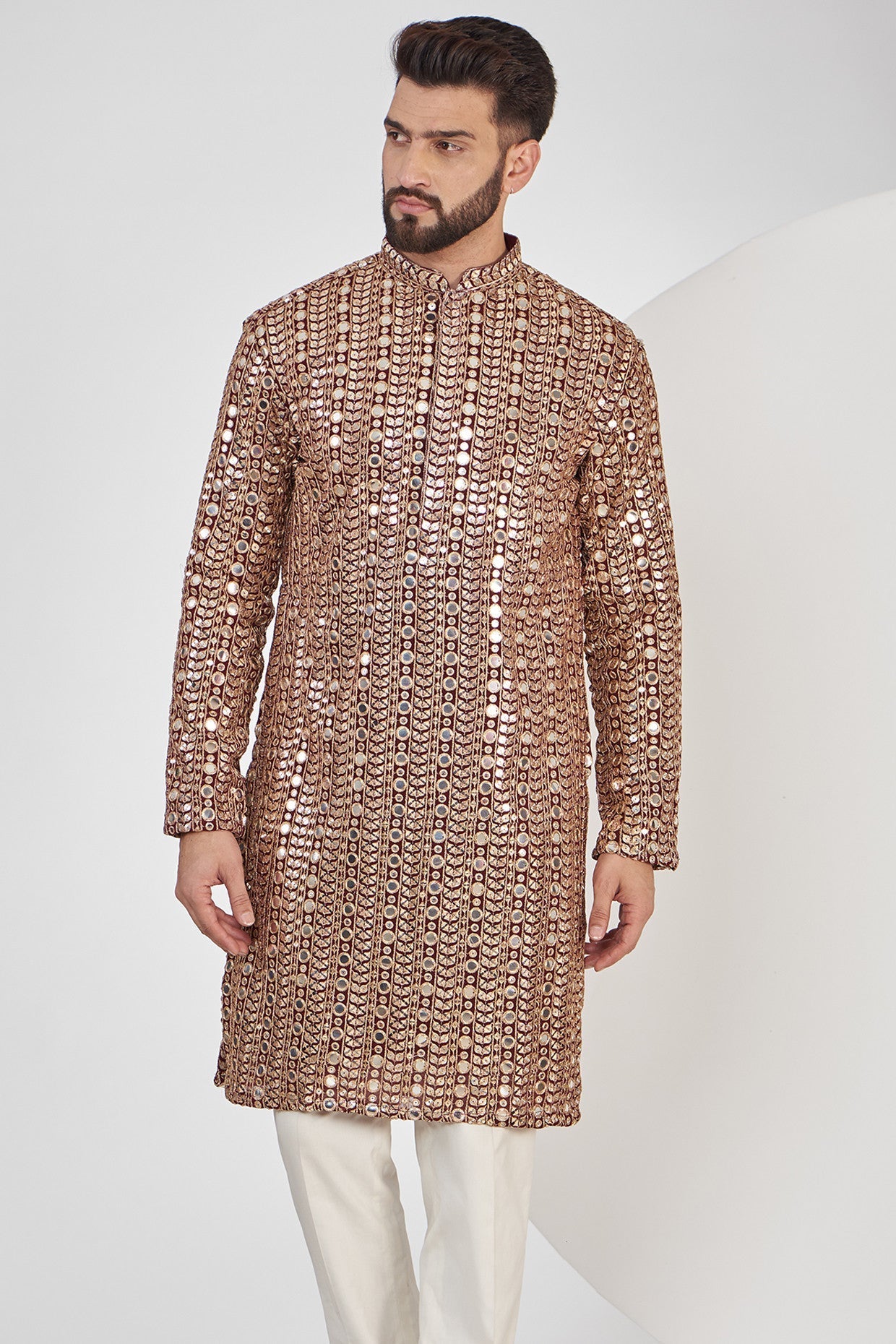 Elegant Maroon Mirrorwork Kurta with Golden Zari Embroidery - Perfect for Festivals, Weddings & Ethnic Parties