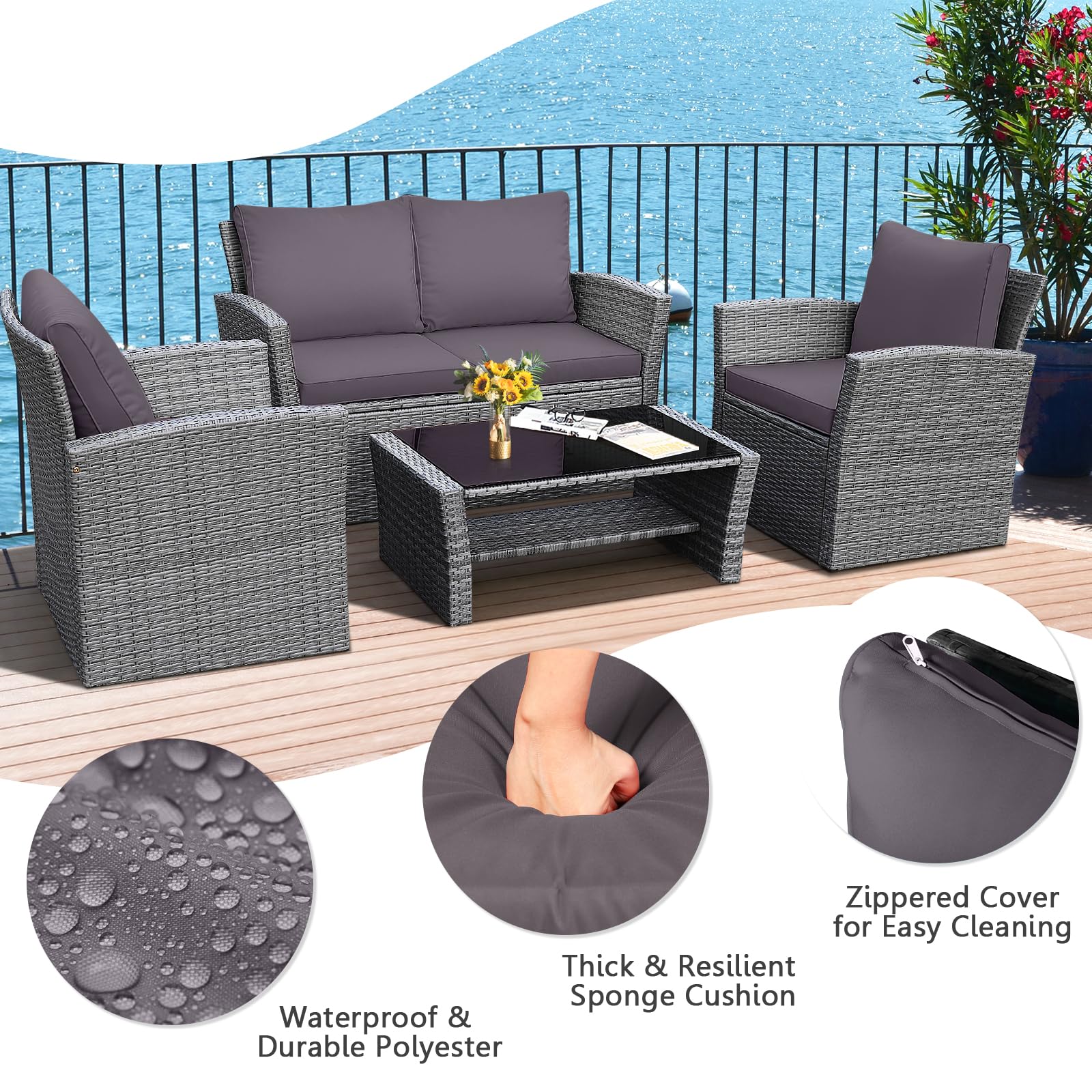 HAPPYGRILL 4-Piece Outdoor Rattan Furniture Set with Cushions & Coffee Table - Patio Conversation Sofa Set for Garden, Porch, Balcony, Poolside - Perfect for Relaxing, Entertaining & Outdoor Dining