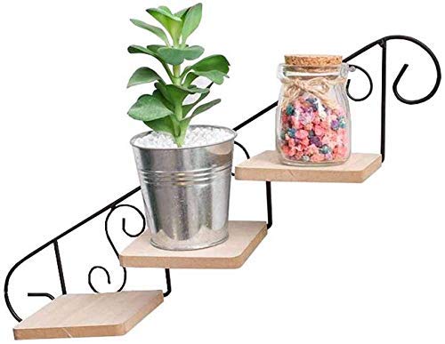 ShiSyan 3-Tier Wall Mounted Flower Stand - Metal & Wood Floating Shelf for Plants, Pots & Home Decor | Indoor/Outdoor Use in Living Room, Balcony, Garden (Flower Pot Rack, Hanging Planter Holder, Decorative Display Shelves)