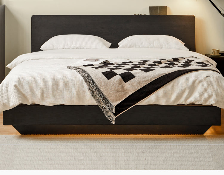 Solid Oak Wood Floating Platform Bed with LED Lights - Modern Smoky Finish for Bedroom, Guest Room, or Studio Apartment