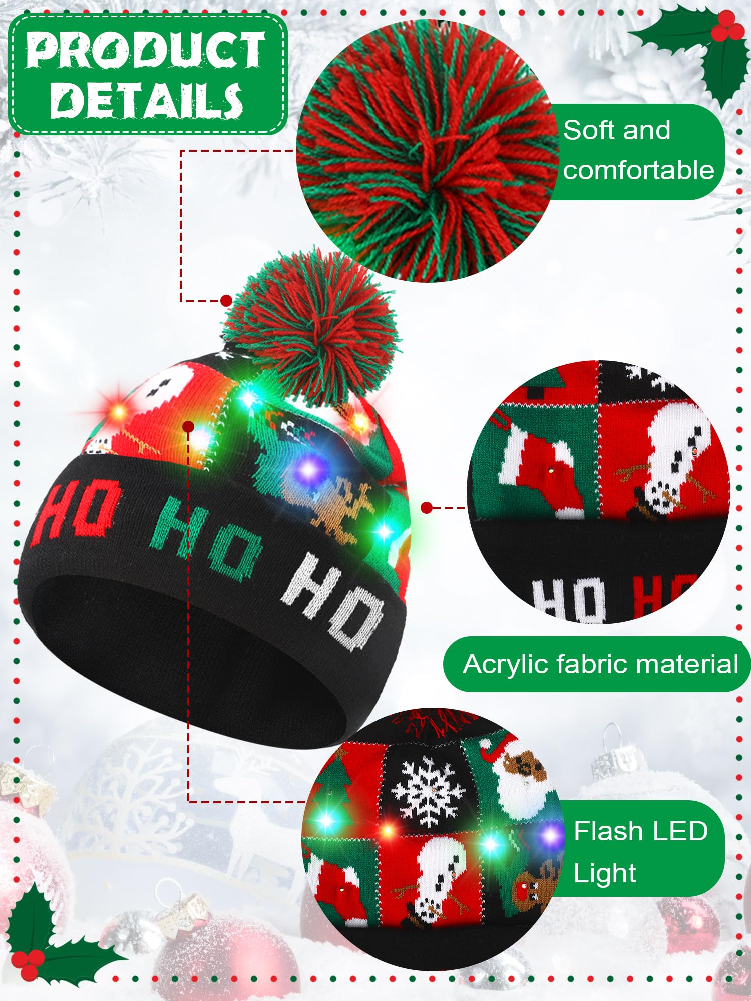 Geyoga 5 Pack Christmas LED Knit Beanie Hats - Colorful Light Up Winter Hats for Xmas Holiday Parties, New Year Celebrations & Festive Gatherings